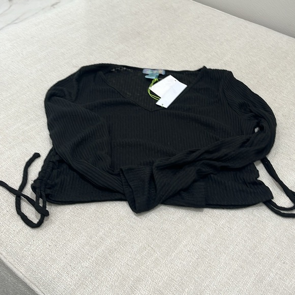 GOOD LUCK GEM Side Tie Long Sleeve Ribbed Crop Top Semi Sheer Black Womens sz  L - Picture 4 of 6